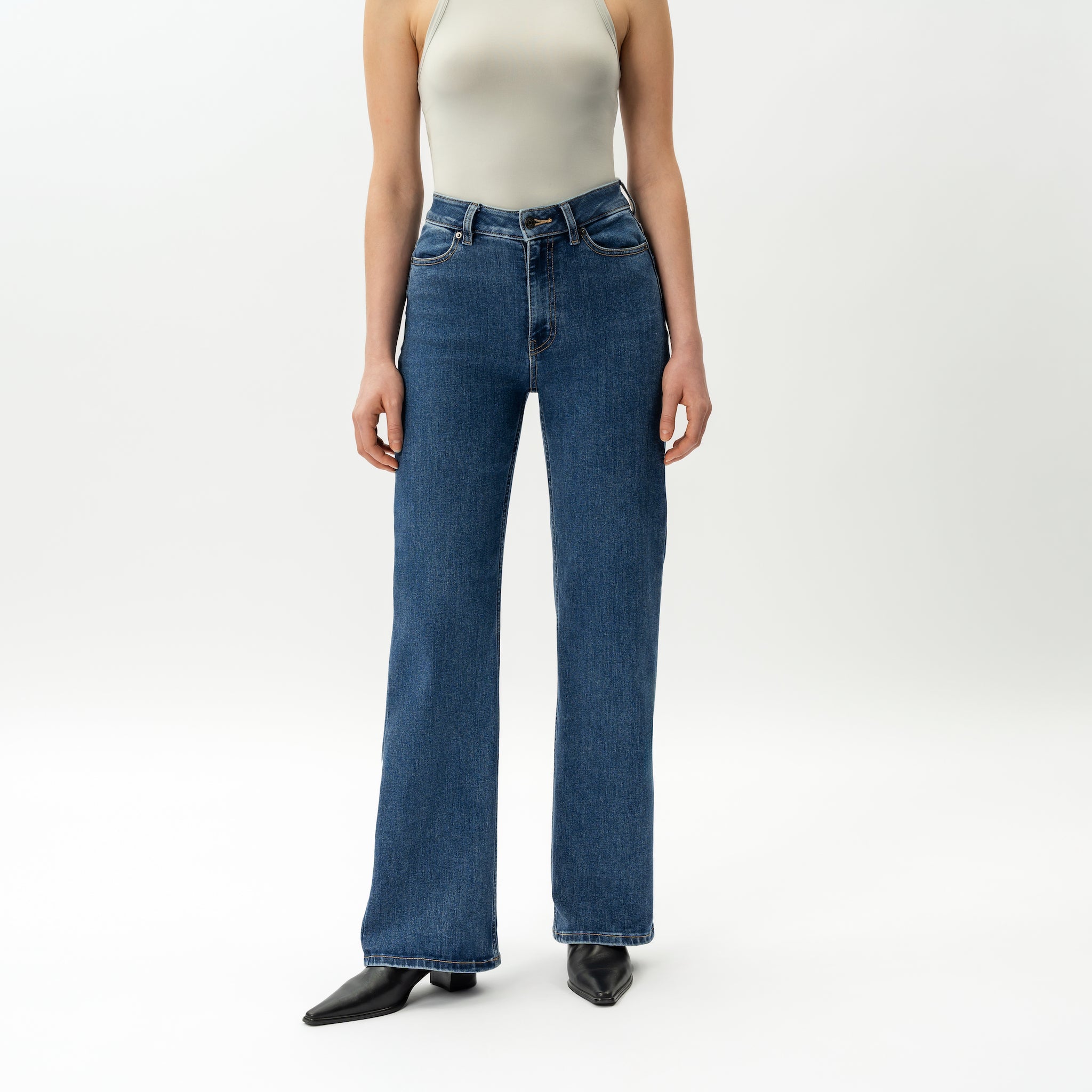 Relaxed ComfortDenim jeans in mid-blue, full-length front view